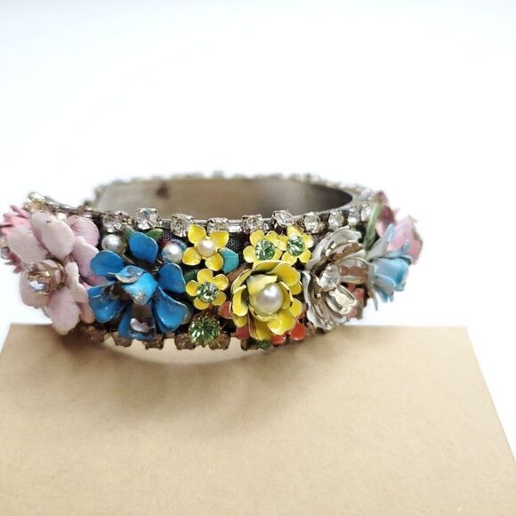 3D Floral Bangle Cuff Bracelet Rhinestones Cottagecore Flower Blue Pink Yellow - Picture 10 of 13